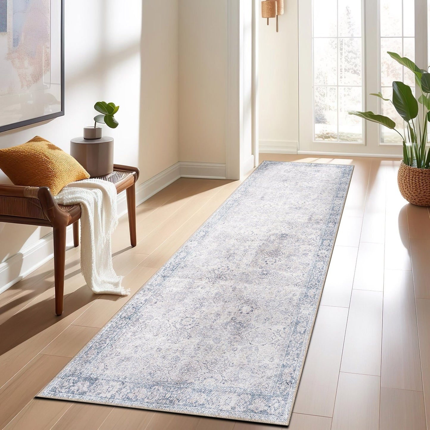 Tapis de transition World Rug Gallery, style vintage, antidérapant, lavable en machine, avec bordures